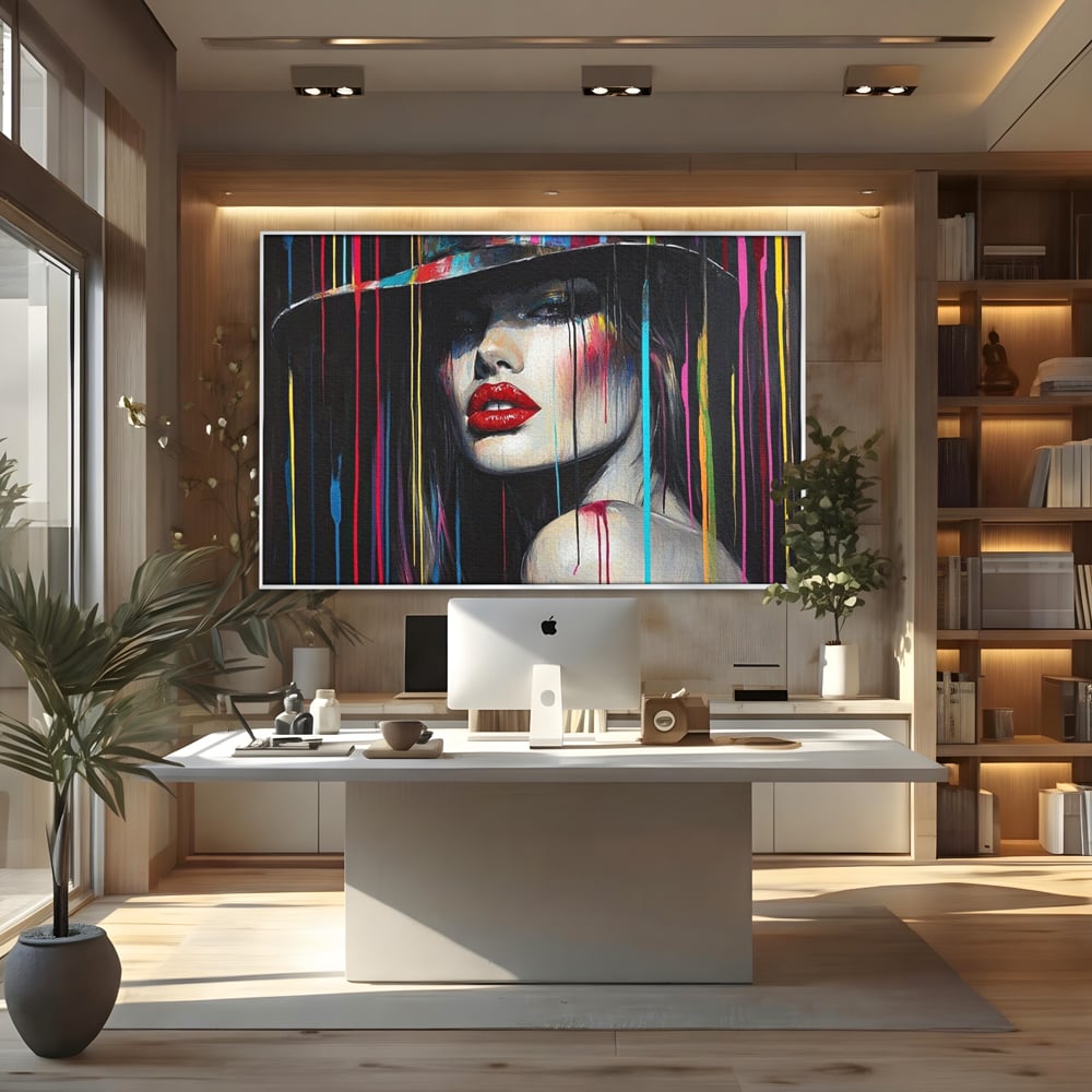 Tablou canvas cu tablou canvas cu portret de femeie si buze rosii, in rama de aluminiu argintiu, pe perete intr-un birou